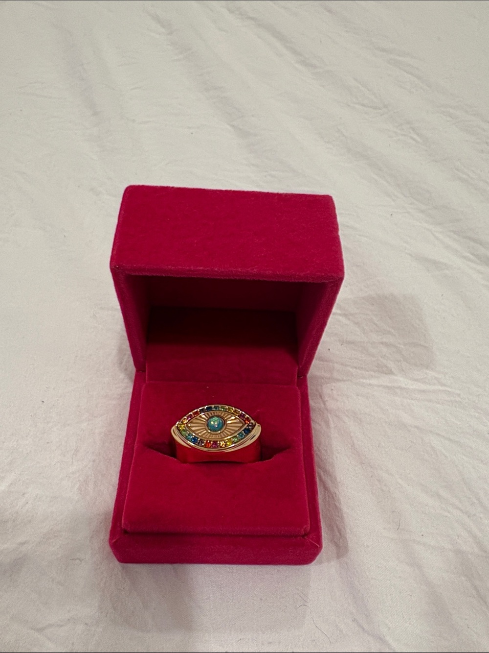 Kurt Geiger Gold-Tone Multicolor Evil Eye Ring in Red Box
